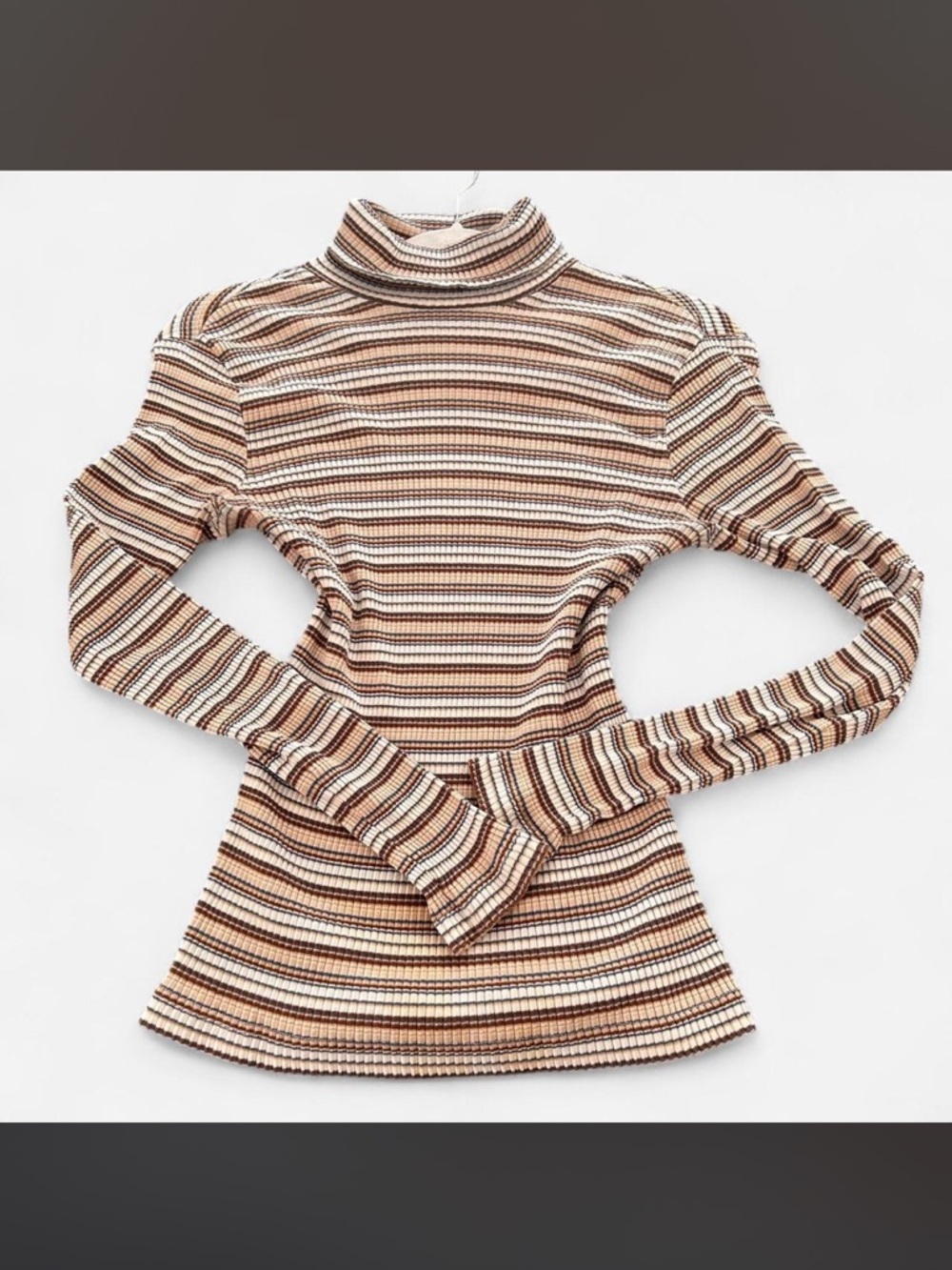 Striped Ribbed Turtleneck Top in Cream and Brown